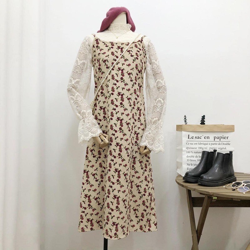 Váy 2 dây hoa nhí vintage dáng dài chất liệu nhung tăm / hàng có sẵn | BigBuy360 - bigbuy360.vn