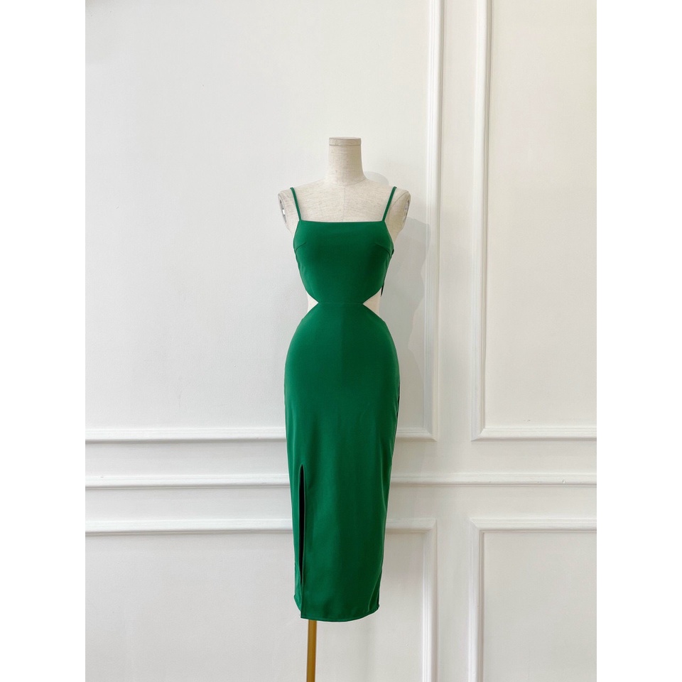 Đầm thun body nữ khoét eo dáng dài, đầm nữ hai dây ôm midi xẻ tà có mút ngực NPDAM012