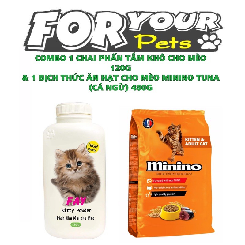 COMBO 1 CHAI PHẤN TẮM KHÔ CHO MÈO 120G VÀ 1 BỊCH THỨC ĂN HẠT CHO MÈO MININO (CÁ NGỪ) 480G