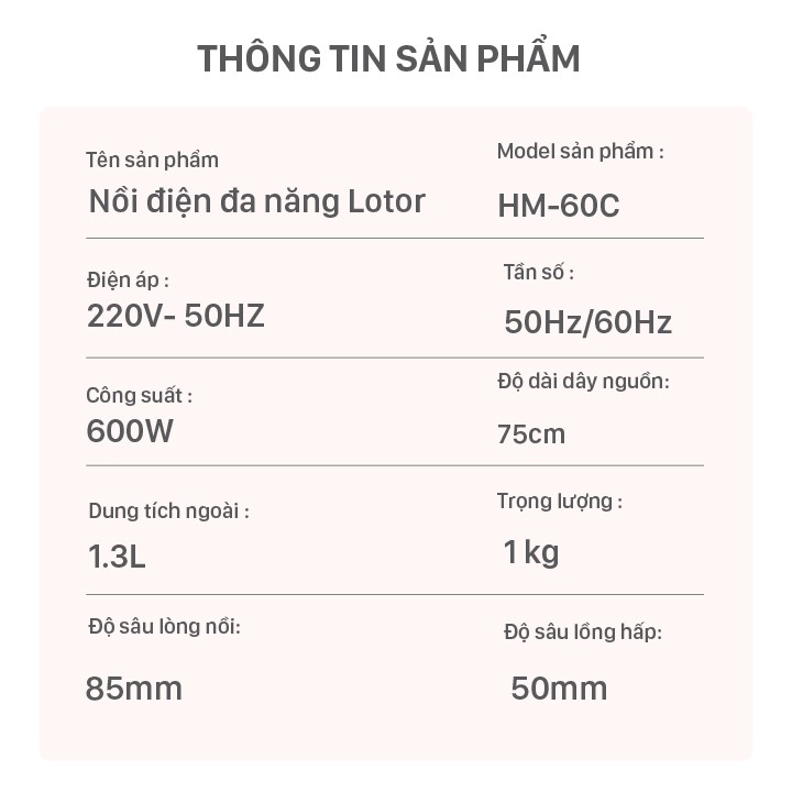 Nồi điện đa năng HM-60C Lotor 1.3 Lít - 6 CHỨC NĂNG - Chiên, xào, hấp, nấu, hầm, nhúng lẩu - BẢO HÀNH 12 THÁNG