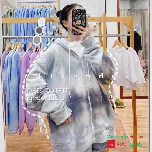 Áo Khoác Nỉ Loang Xanh Xám Có Mũ Form Rộng Siêu Chất