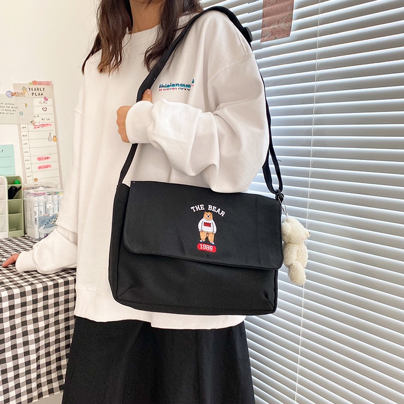 Túi Đeo Vai Vải Canvas Thêu Họa Tiết Gấu Hoạt Hình Phong Cách Cổ Điển Thời Trang Cho Nữ