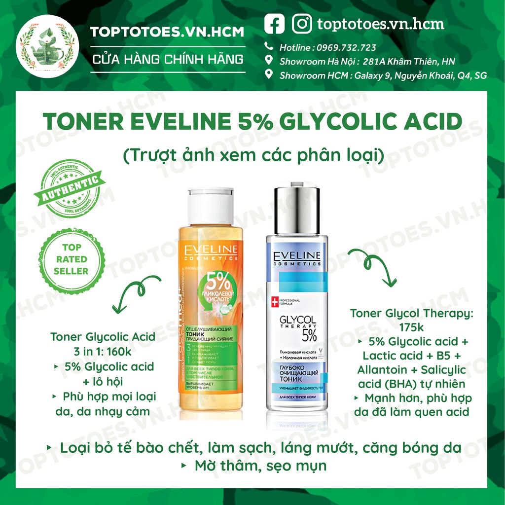 Toner Eveline 5% Glycolic Acid - Glycol Therapy cho da căng bóng, láng mướt, mờ thâm mụn