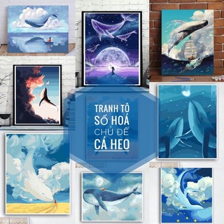 tranh số hóa chủ đề cá heo - tranh số hóa chỉ việc tô màu theo số trên khung vải căng sẵn khung, tranh cá voi kt: 40x50,