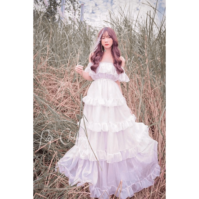 (Free ship) Mẫu Đầm Thiết Kế Hợp Thời Trang --- Đầm Maxi Voan Tầng Trễ Vai Đẹp Y HÌnh UP HHP Fashion