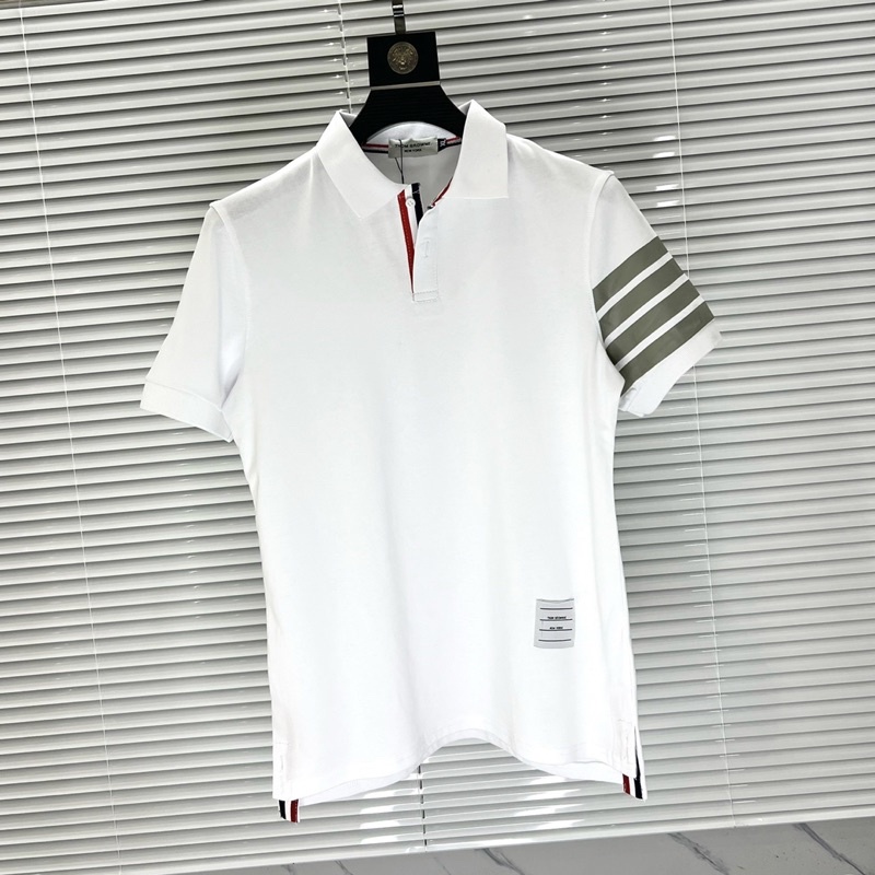 Áo Polo Thom Cotton Dập 4 Sọc Tay Thêu Vạch Xẻ Tà