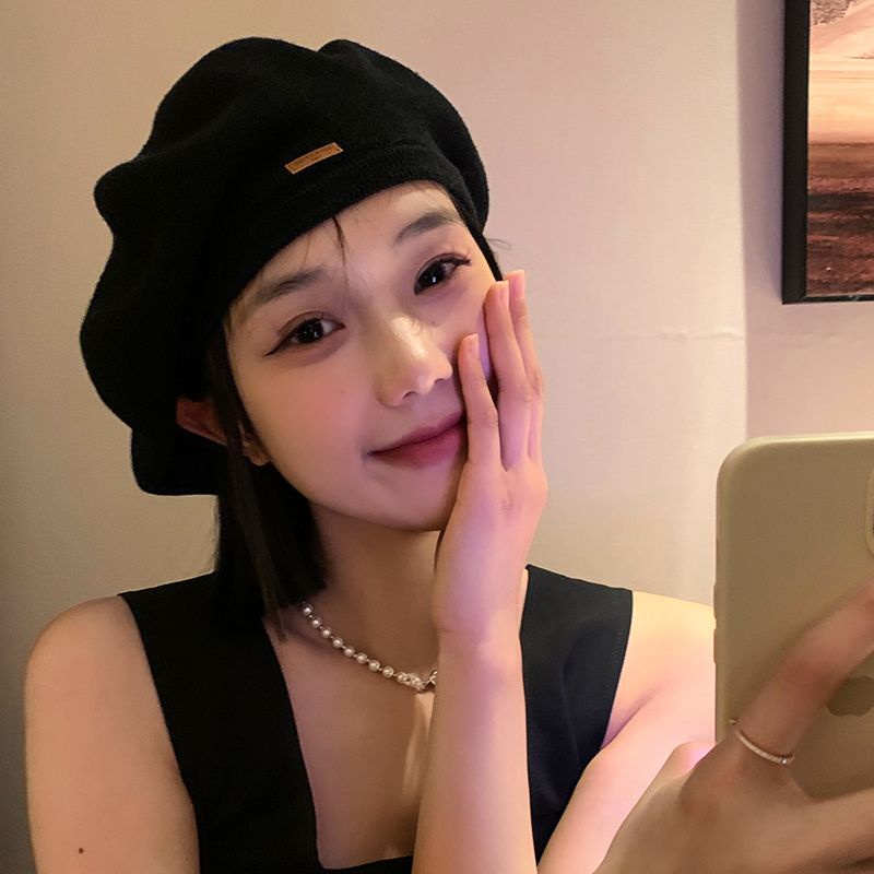 Mũ Beret Dệt Kim Màu Xanh Lam Hồ Dệt Kim ins Influencer Showing Face Phong Cách Họa Sĩ Nhật Bản Cho Nữ