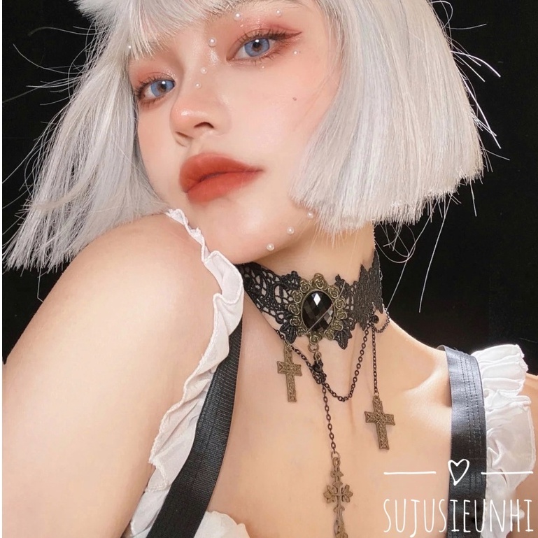 Vòng cổ choker Gothic lolita 3 chữ thập đen