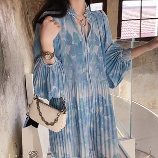 (HÀNG SẴN) Váy voan xếp ly đèn lồng xanh dương màu hoa loang xòe babydoll điệu đà tiểu thư sang chảnh - Có ảnh thật