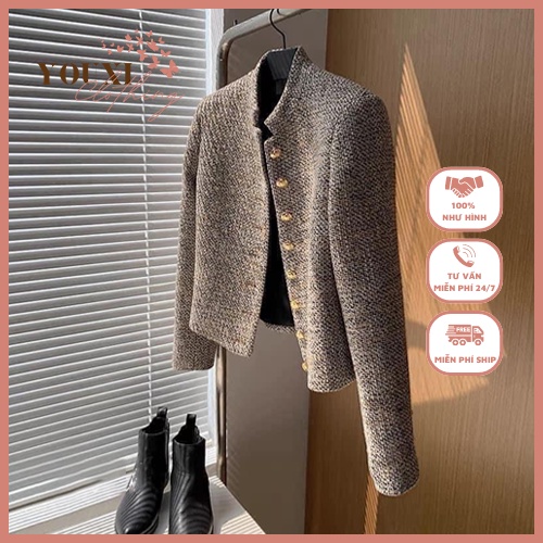 Áo khoác dạ tweed, áo khoác cổ trụ mùa đông, áo dạ dệt kim dáng ngắn cúc đồng màu trắng đen sang trọng - Youxiclothing