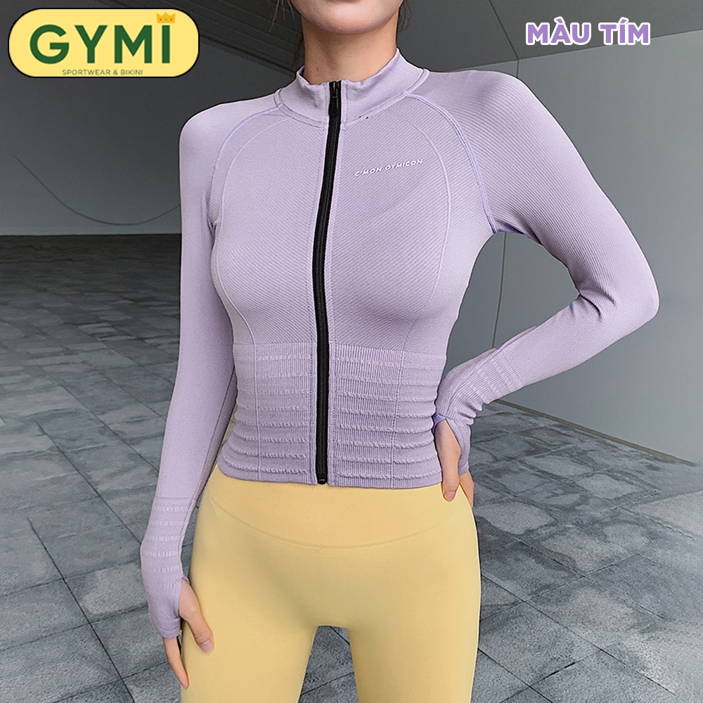 Áo khoác tâp gym yoga nữ GYMI AK10 dáng croptop thể thao vải dệt kim co giãn phom ôm body chạy bộ chống nắng