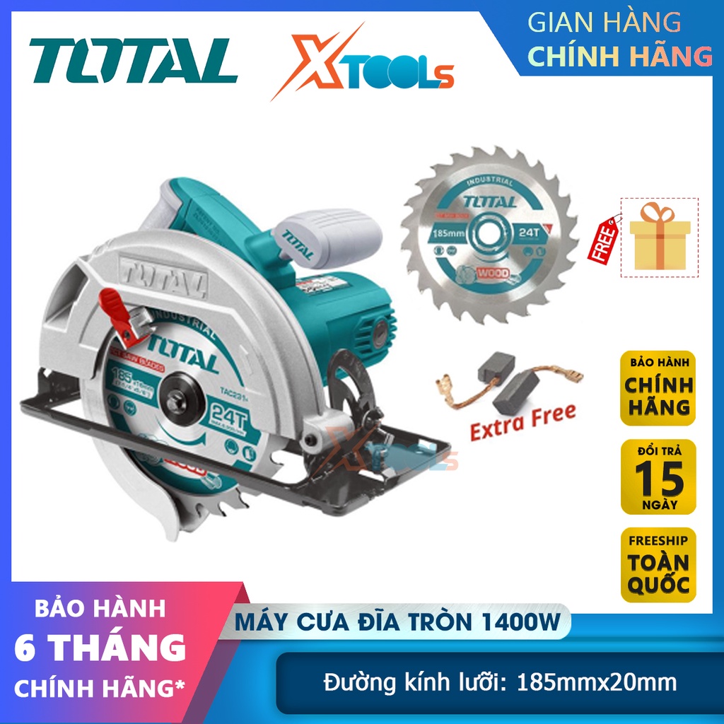 Máy cưa đĩa tròn TOTAL TS11418526, đĩa cưa 185x20mm, khả năng cắt: 45 độ: 44mm &amp; 90 độ: 65mm [CHÍNH HÃNG][XTOOLS]