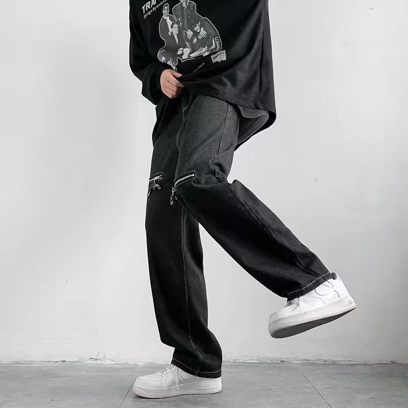 Quần jean ống suông Màu Đen Phối Khóa Kéo Phong Cách Hip Hop Cá Tính Cho Nam
