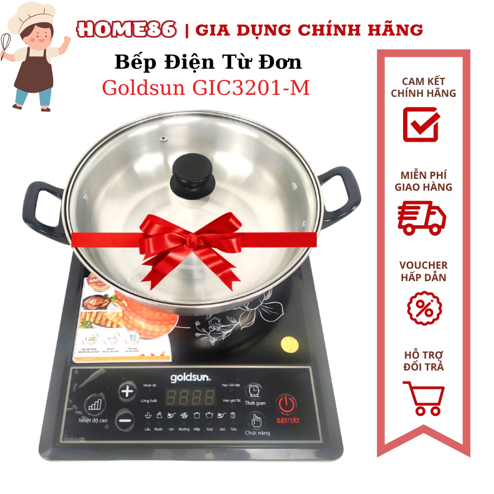 Bếp điện từ đơn Goldsun GIC3201-M Công suất 2000W Tỏa nhiệt đều Tặng kèm nồi lẩu Inox, Bảo hành 12 tháng
