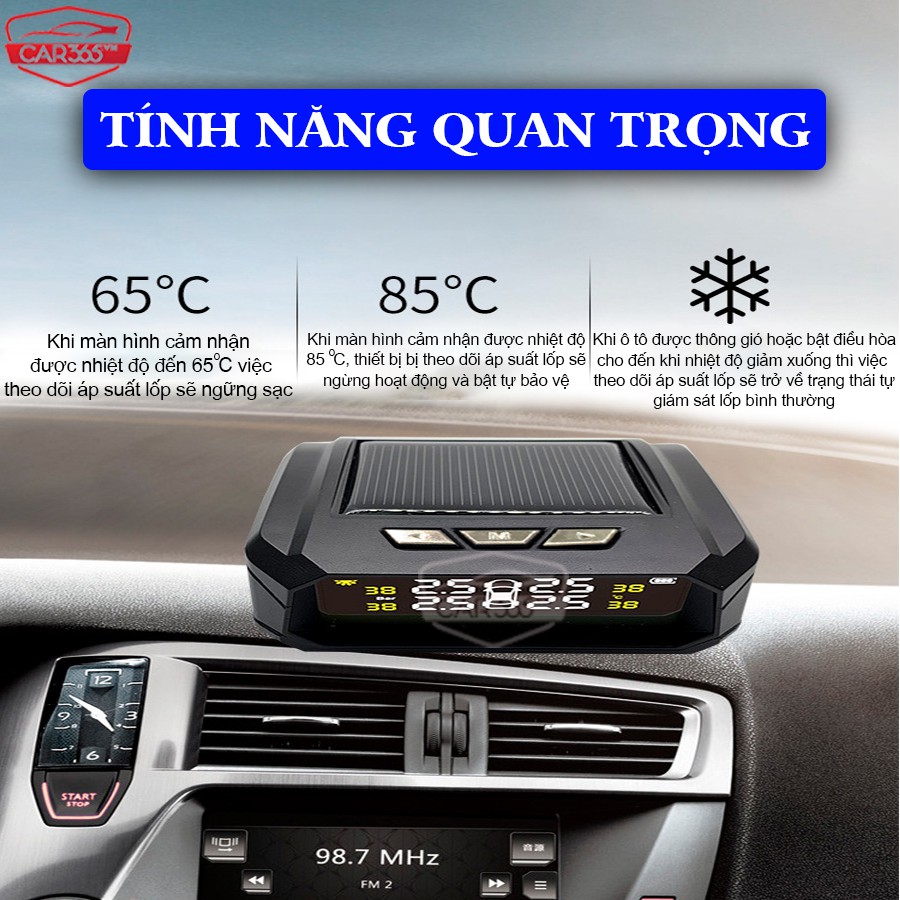 Cảm biến áp suất lốp cao cấp chính hãng CAR365 - Màn hình LCD hiển thị thông số - Pin năng lương mặt trời - CAR37