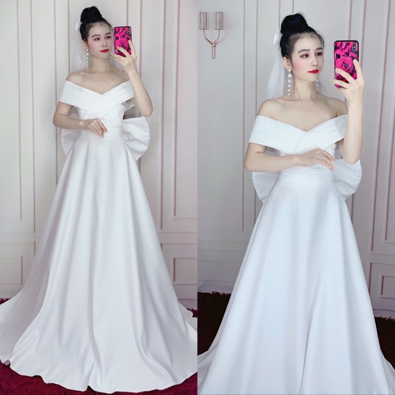 ĐẦM CƯỚI BẸT VAI XẾP LY KÈM NƠ LƯNG ĐUÔI THƯỚT THA fullsize S/M/L/XL ( trắng và đỏ ) viideo và ảnh do chủ tự quay 10000%