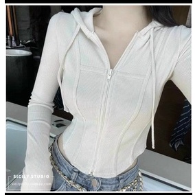 Áo kiểu tay dài khoác dây kéo có nón