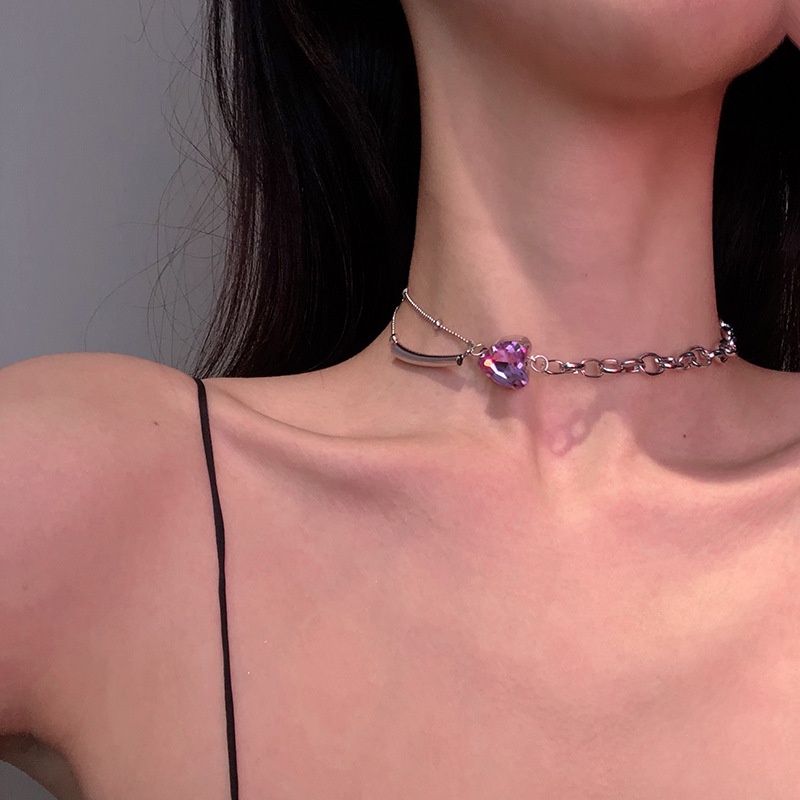 Dây chuyền 1022 mặt hình trái tim đính kim cương màu tím thời trang cá tính dễ phối đồ độc đáo