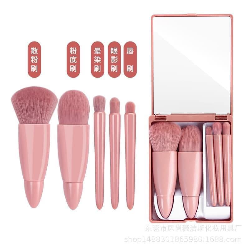 Bộ cọ trang điểm makeup cá nhân 6 món màu hồng Vintage hộp gương