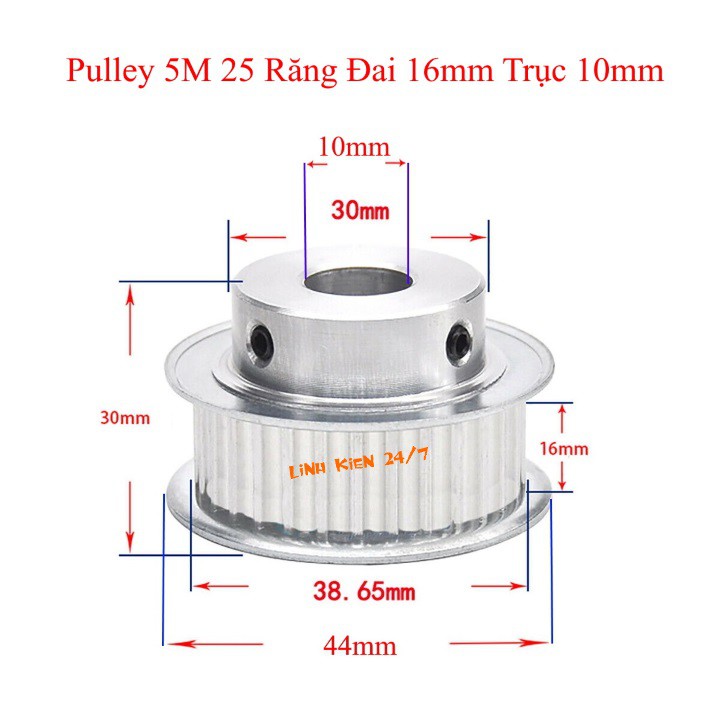 Puly Bánh Răng Nhôm 5M 25 Răng Bản 16mm Trục 6mm và 10mm