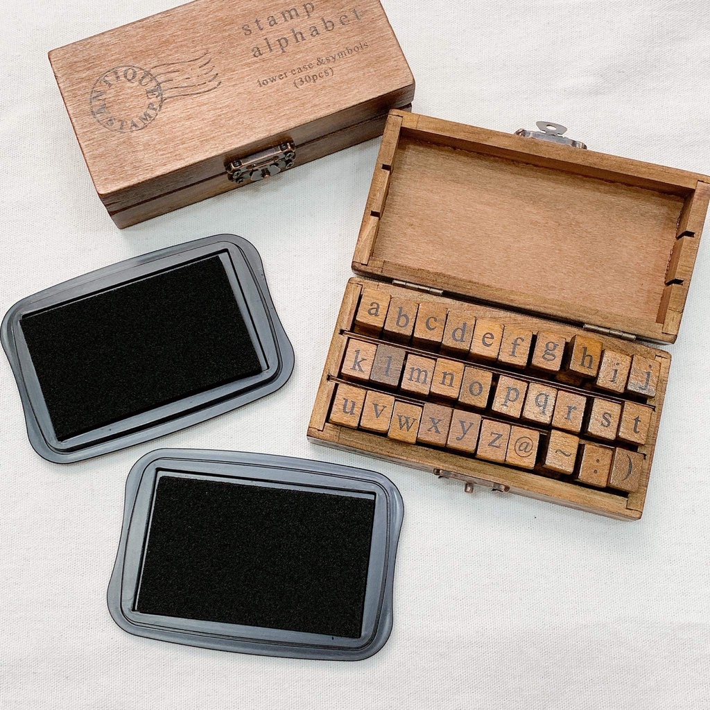 Hộp 30 Con Dấu Gỗ Stamp Alphabet - Set 30 Con Dấu Gỗ Chữ Cái Lowercase - Pure Palette Ink Pad