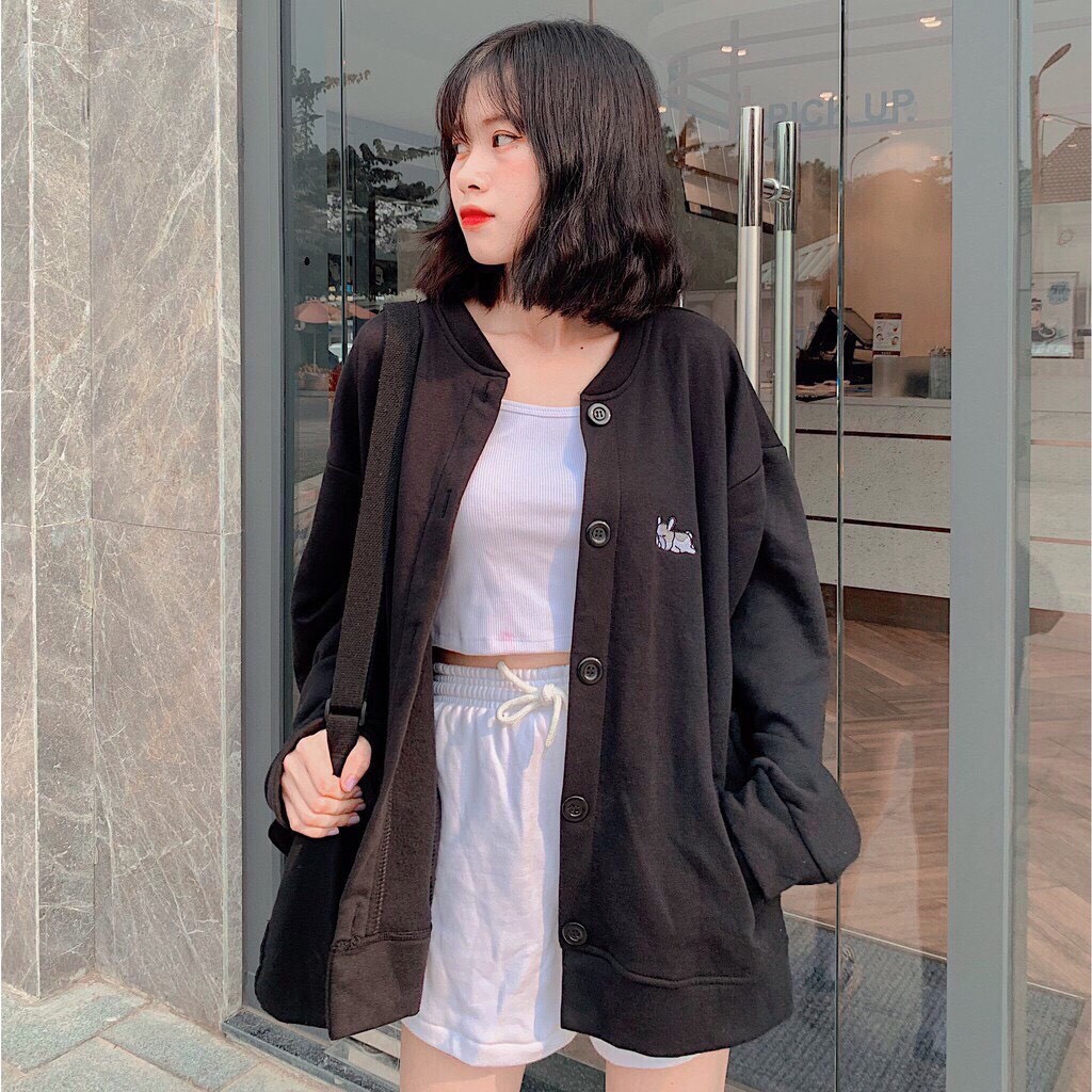 Áo sweater nỉ kiểu khoác có nút nữ form rộng in bông SWN05