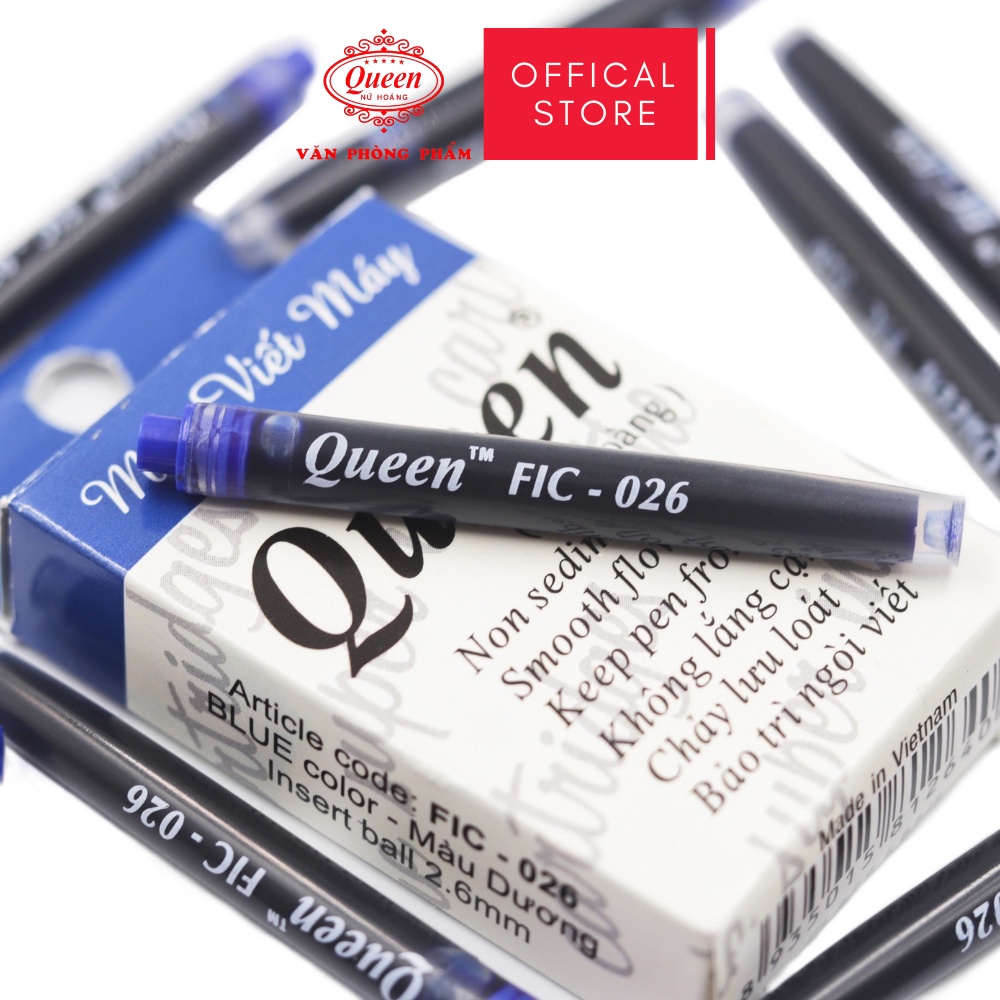 Ống mực bút máy Queen  - Đường Kính 2.6mm - 1 hộp 12 ống - Chính Hãng - Màu Tím/Xanh Dương/Đen - FIC026