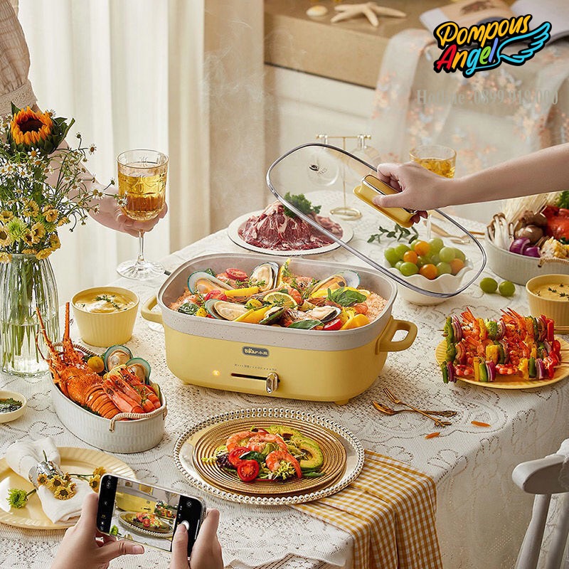 Nồi lẩu nướng điện tráng men chống dính BEAR DHG-C50T1 dung tích 5L , 1500W màu vàng , bảo hành 12 tháng