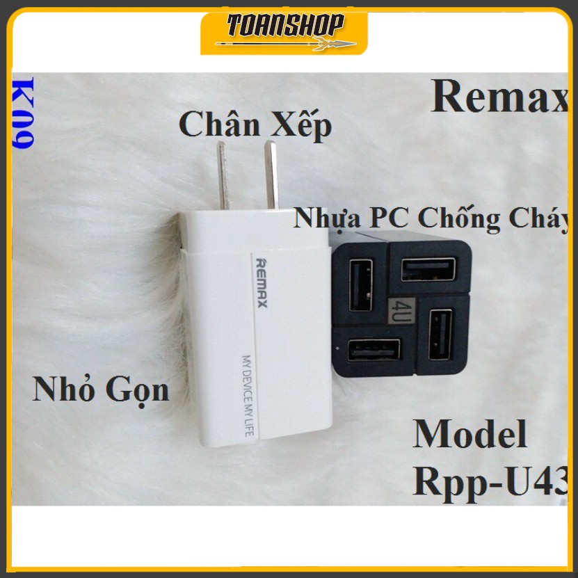 Cốc sạc Củ sạc REMAX RP-U43 nhanh 4 cổng CHỐNG CHÁY NỔ 3.4A - SẠC NHANH Quick Charge 3.4A