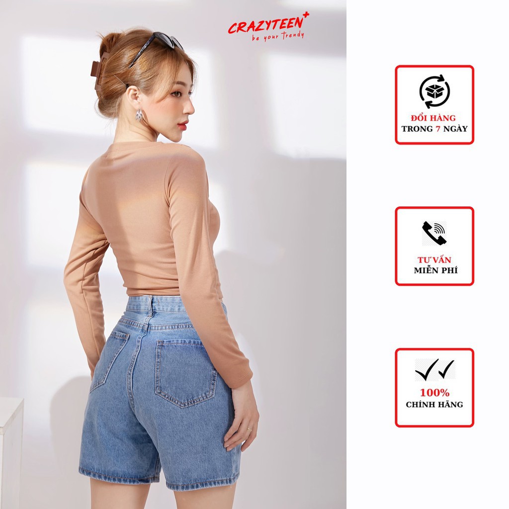 Áo croptop nữ CRAZYTEEN thun cổ thuyền dài tay xỏ ngón AT0096