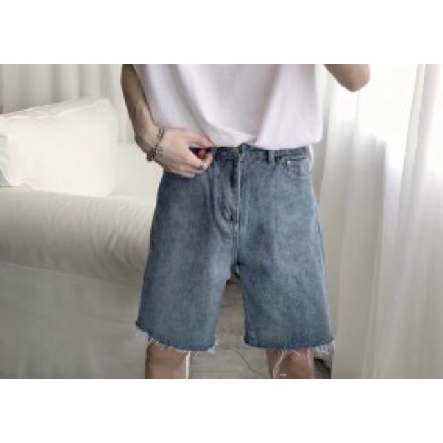 Quần short jean trơn có 2 màu xanh/xám đen