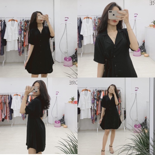 Đầm Đen form suông rộng có dây thắt cột điều chỉnh eo thon gọn thiết kế cổ chữ V | BigBuy360 - bigbuy360.vn