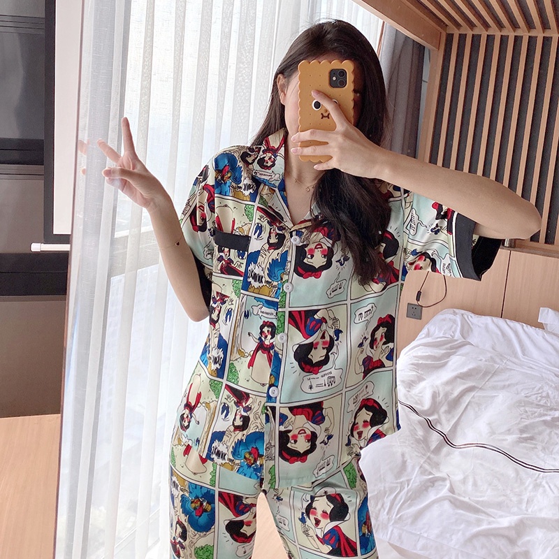 Bộ Đồ Ngủ Tay Lửng Chất Lụa Lạnh Mỏng Dáng Rộng Dễ Thương Thời Trang Xuân Hè Phong Cách Hàn Quốc Cho Nữ Size M-2XL