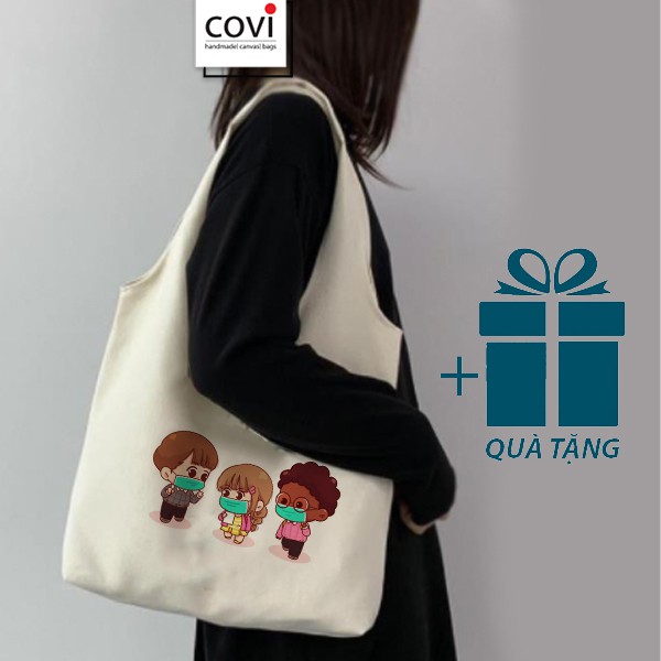 Túi tote đeo vai, túi vải canvas,vải bố Hàn Quốc thời trang COVI màu mộc T35