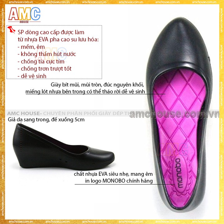 Giày Thái Lan nữ nhựa dẻo đi mưa đế xuồng cao MONOBO - BERRY - đen