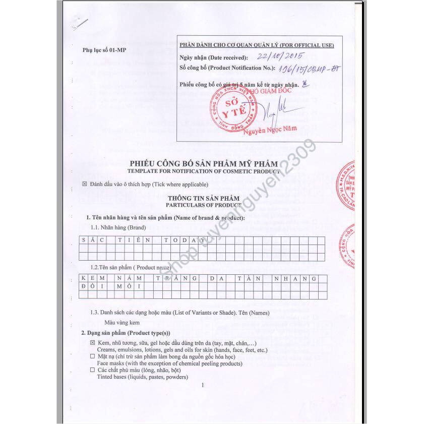 Kem nám trắng da tàn nhang đồi mồi Sắc Tiên Today 15gr