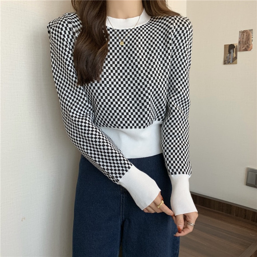 Porozi  Áo dệt kim  cổ tròn họa tiết sọc caro phong cách Hàn Quốc thời trang cho nữ