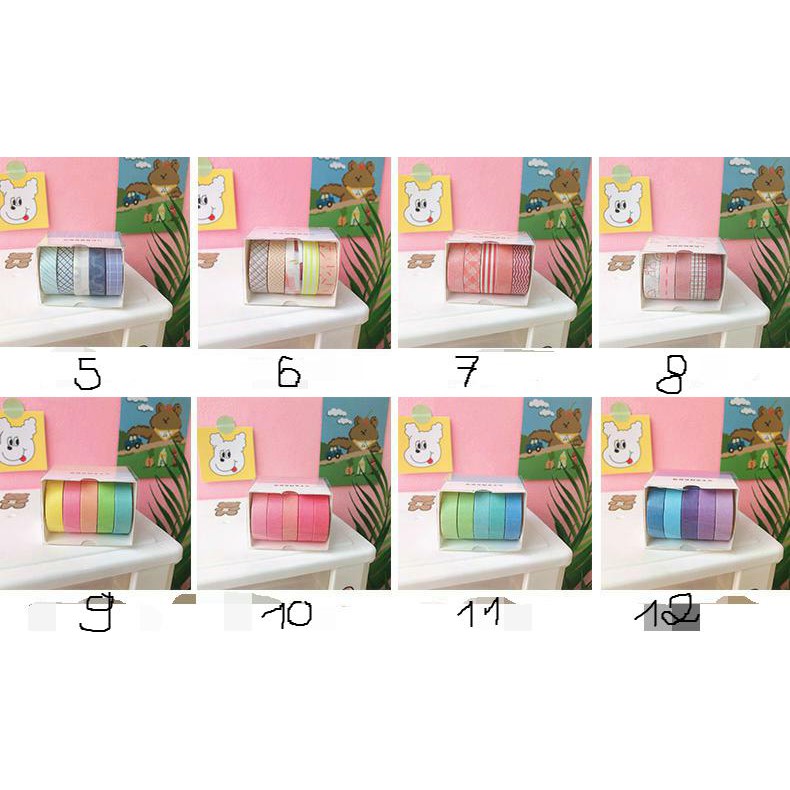 Set 5 cuộn băng dính washi màu macaron trơn trang trí thủ công 12 kiểu tùy chọn