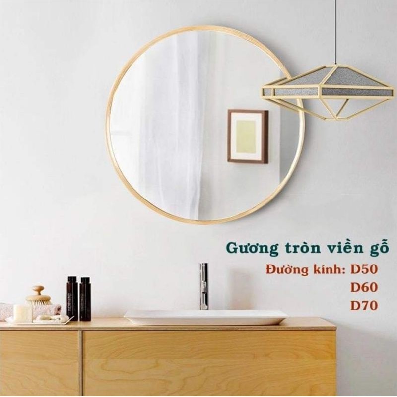 Gương Tròn Viền Gỗ Sồi Treo Tường, Bàn Trang Điểm, Đường Kính D50-D60cm