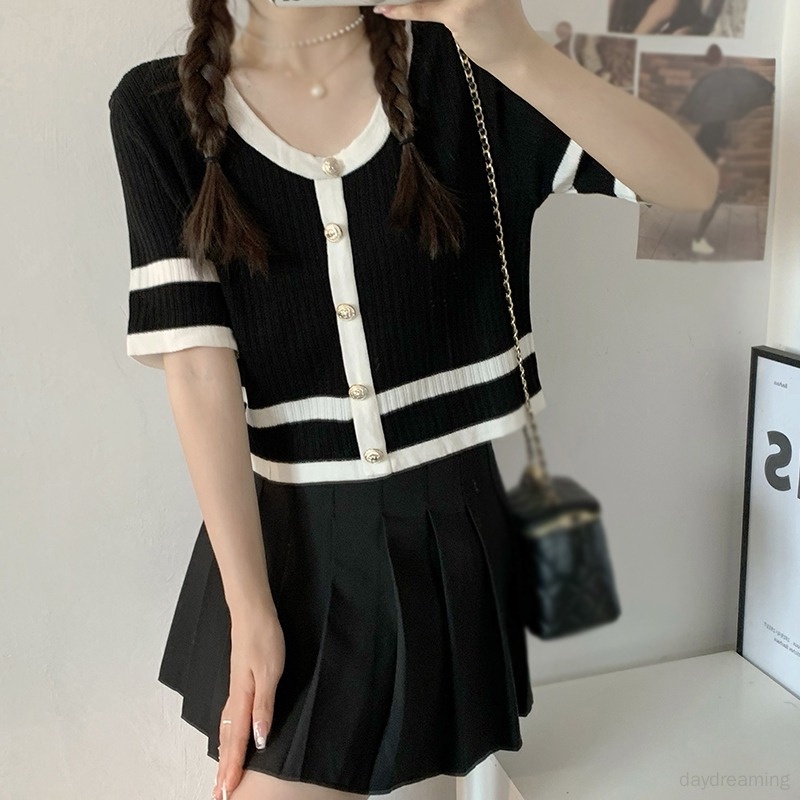 Áo Croptop Dệt Kim Cổ Tròn Màu Tương Phản Thời Trang Mùa Hè Cho Nữ