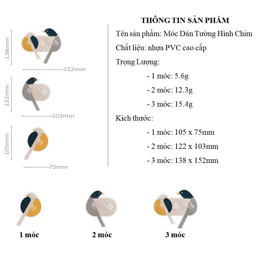 Móc dán tường decor siêu dính làm móc treo hình com chim trang trí căn phòng hiện đại