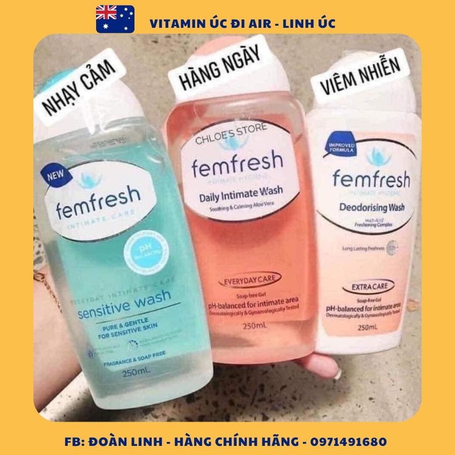 Femfresh Dung dịch vệ sinh Phụ Nữ Úc 250ml, Hàng chuẩn Úc Đi Air, Dung Dịch Vệ Sinh Phụ Nữ Femfresh