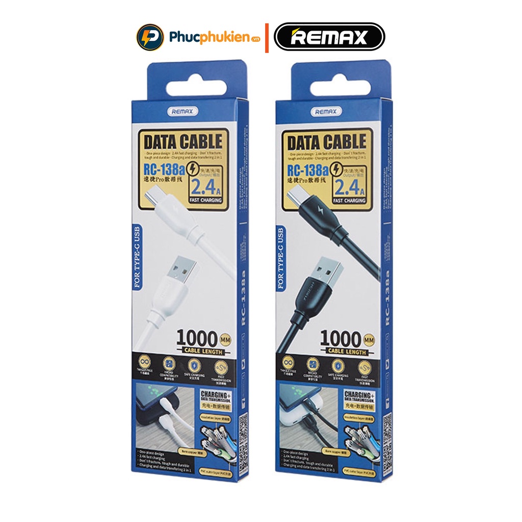 Dây sạc chính hãng Remax 138 hỗ trợ sạc nhanh 12w cho smart phone - Phúc Phụ Kiện Bảo hành 12 tháng 1 đổi 1