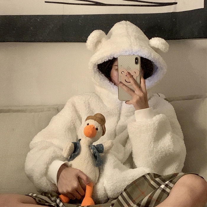 Áo Hoodie Lông Cừu Dáng Rộng Đính Tai Gấu Dễ Thương Thời Trang Thu Đông Cho Nữ