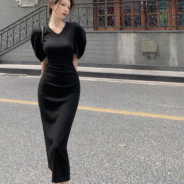 Đầm tay phồng họa tiết kẻ sọc phong cách retro Pháp thời trang mùa hè thanh lịch cho nữ