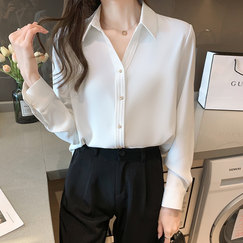 Áo sơ mi satin tay dài dáng rộng thời trang xuân thu thanh lịch cao cấp không cần ủi cho nữ
