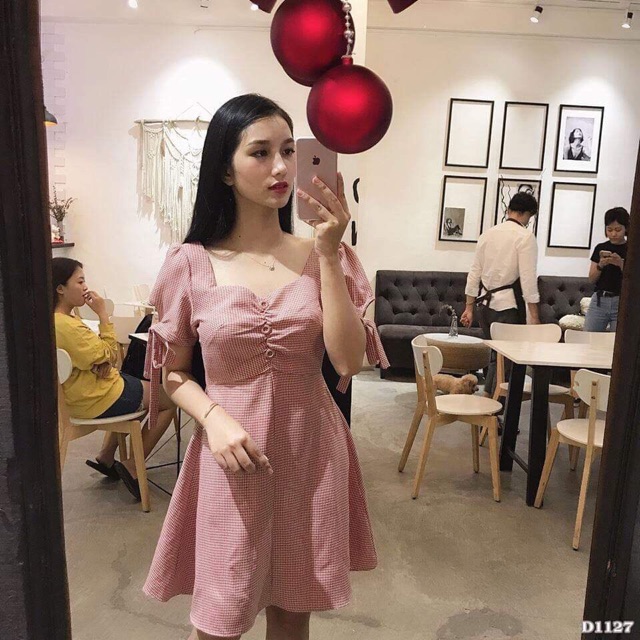 [Mã SKAMSALEP6 giảm 10% tối đa 100K đơn 150K] ĐẦM CARO HỒNG NÚT NGỰC TRẺ TRUNG ( KÈM ẢNH THẬT) | BigBuy360 - bigbuy360.vn