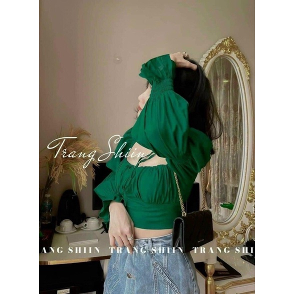 Áo Sơ Mi Cổ Vuông Chun Tay Bồng Tiểu Thư Sang Chảnh Đi Học Đi Làm Đi Chơi Màu Xanh Hottrend 2022