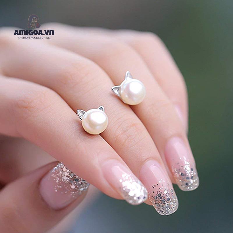 ✨✨Khuyên Tai Bạc 925 Hình Tai Mèo Đính Ngọc Trai Dễ Thương Cho Nữ