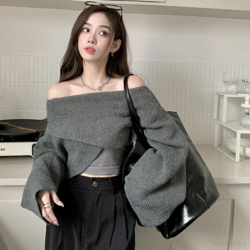 Áo Croptop Dệt Kim Dáng Rộng Phong Cách Hàn Quốc Cho Nữ